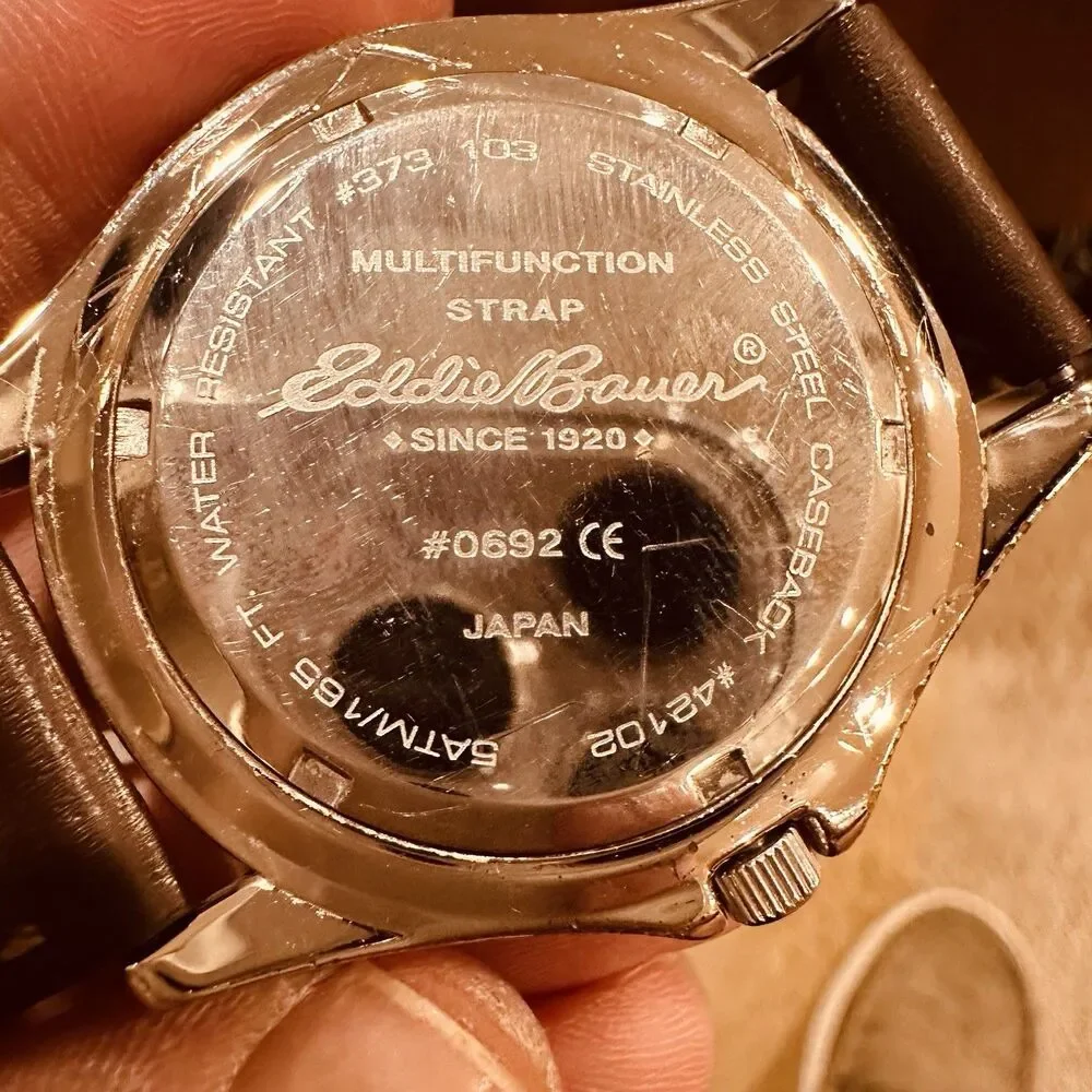 VTG Eddie Bauer Watch Men Stainless St 40mm Brown Leather Strap Day Date Quartz